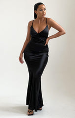 Black Strappy Cross Over Satin Maxi Dress - Fanny