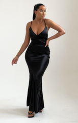 Black Strappy Cross Over Satin Maxi Dress - Fanny