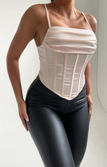 Pale Nude Satin Strappy Cowl Neck Boned Corset Top - Fifi