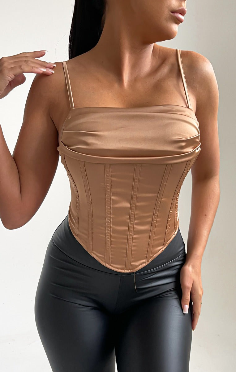 Pale Nude Satin Strappy Cowl Neck Boned Corset Top Fifi, Femme Luxe