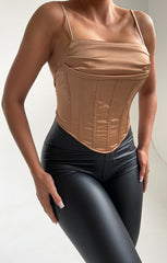 Taupe Satin Strappy Cowl Neck Boned Corset Top - Fifi