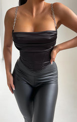 Black Diamante Straps Satin Corset Top - Hetty