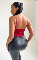 Wine Diamante Straps Satin Corset Top - Hetty