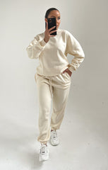 Cream Oversized Crew Neck Sweatshirt Cuffed Joggers Loungewear Set - Averi