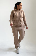 Camel Double Pocket Drawstring Hoodie And Cuffed Joggers Loungewear Set - Callie