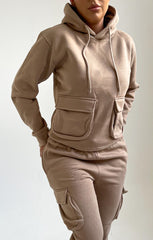Camel Double Pocket Drawstring Hoodie And Cuffed Joggers Loungewear Set - Callie
