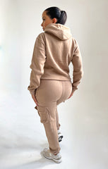 Camel Double Pocket Drawstring Hoodie And Cuffed Joggers Loungewear Set - Callie