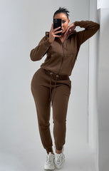 Khaki Zip Up Hoodie Cuffed Joggers Loungewear Set - Sibyl