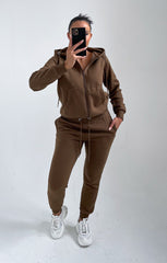 Khaki Zip Up Hoodie Cuffed Joggers Loungewear Set - Sibyl