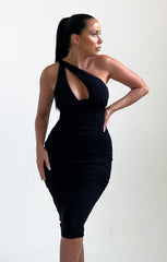 Black One Shoulder Cut Out Ruched Midi Dress - Bria
