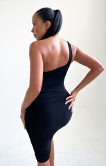 Black One Shoulder Cut Out Ruched Midi Dress - Bria