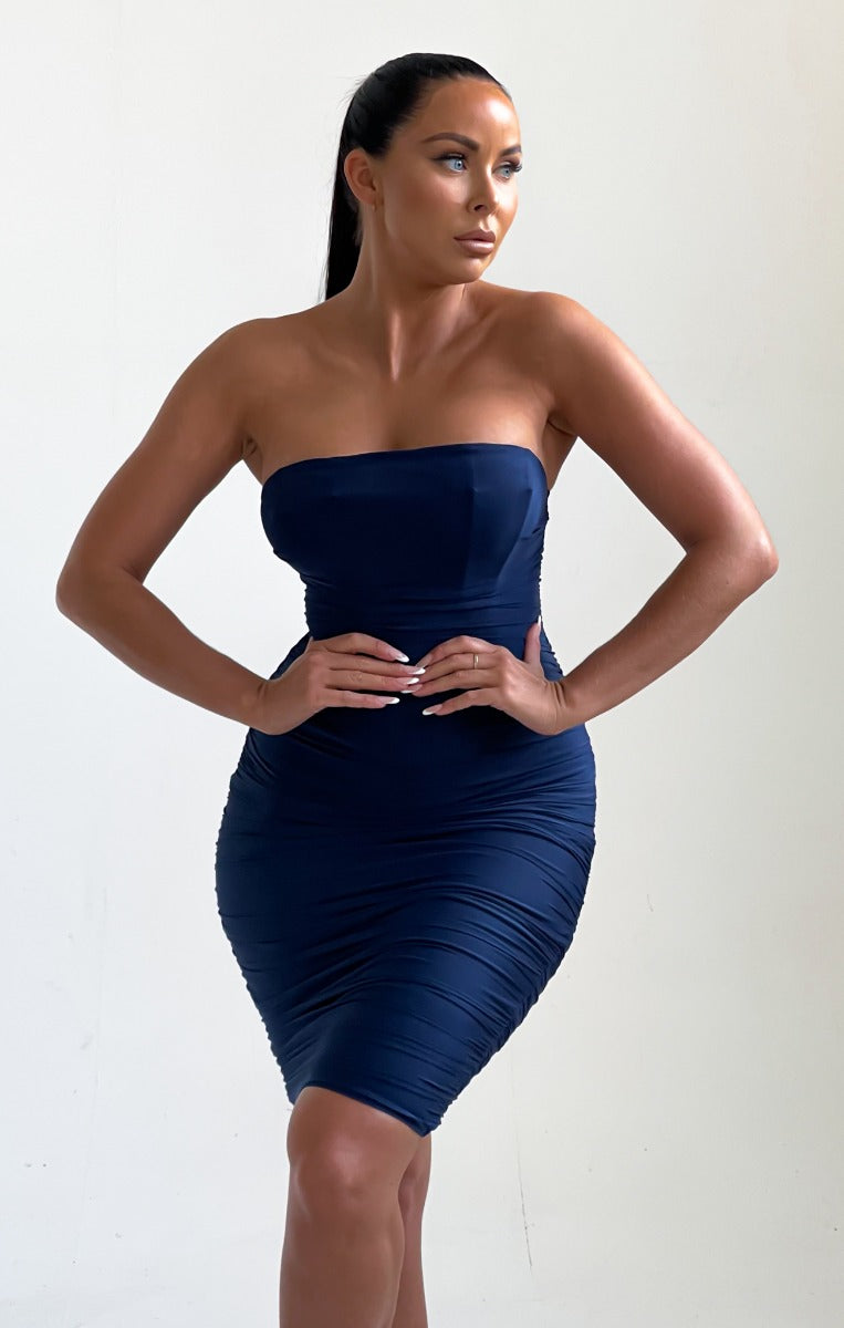 Navy Blue Strapless Bodycon Ruched Midi Dress