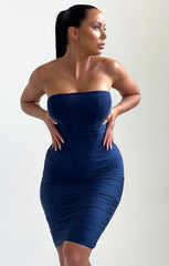 Navy Blue Strapless Bodycon Ruched Midi Dress - Bria