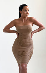Camel Strapless Bodycon Ruched Midi Dress - Bria