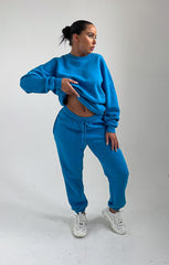 Blue Oversized Long Sleeve Crew Neck Raw Hem Crop Sweatshirt Cuffed Joggers Loungewear Set - Averi