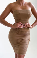 Camel Strapless Bodycon Ruched Midi Dress - Bria