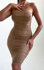 Camel Strapless Bodycon Ruched Midi Dress - Bria