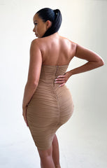 Camel Strapless Bodycon Ruched Midi Dress - Bria