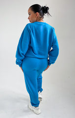 Blue Oversized Long Sleeve Crew Neck Raw Hem Crop Sweatshirt Cuffed Joggers Loungewear Set - Averi
