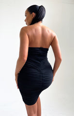 Black Ruched Mesh Bandeau Bodycon Midi Dress - Eda