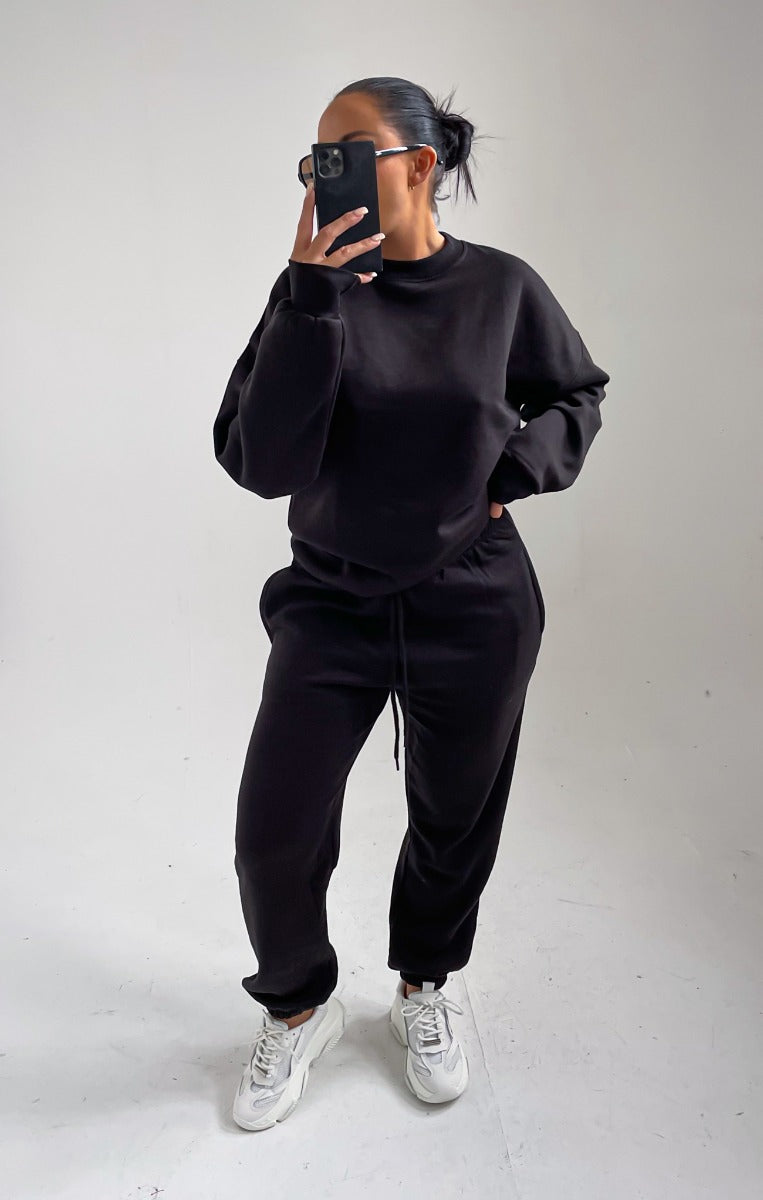 Black Oversized Crew Neck Sweatshirt Cuffed Joggers Loungewear Set ...