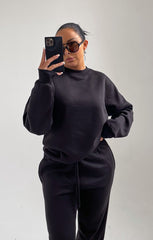 Black Oversized Crew Neck Sweatshirt Cuffed Joggers Loungewear Set - Averi