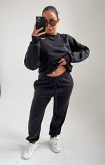 Black Oversized Crew Neck Sweatshirt Cuffed Joggers Loungewear Set - Averi