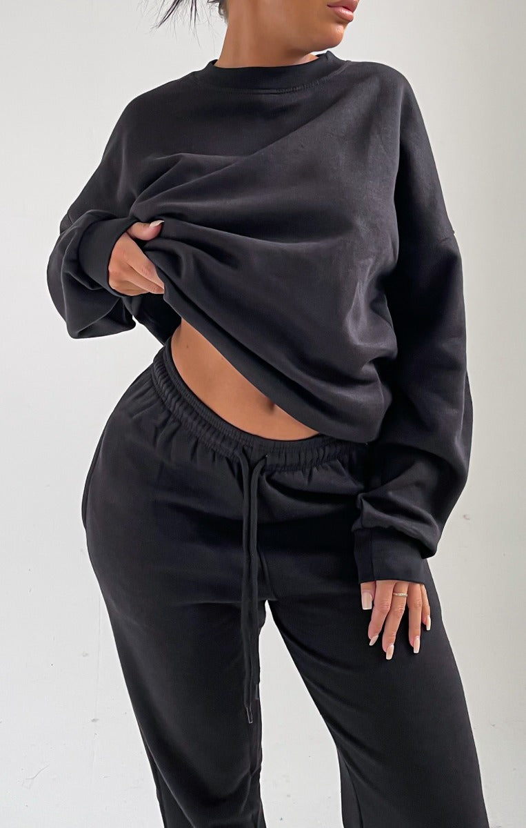 Black Oversized Crew Neck Sweatshirt Cuffed Joggers Loungewear Set ...