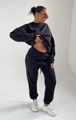Black Oversized Crew Neck Sweatshirt Cuffed Joggers Loungewear Set - Averi