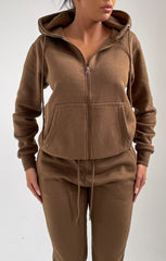 Khaki Zip Up Hoodie Cuffed Joggers Loungewear Set - Sibyl