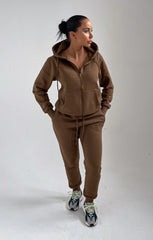 Khaki Zip Up Hoodie Cuffed Joggers Loungewear Set - Sibyl