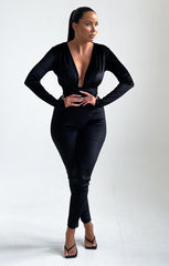 Black Deep Plunge Tie Waist Velvet Jumpsuit - Alina