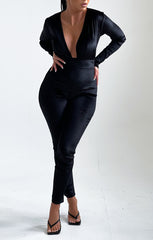 Black Deep Plunge Tie Waist Velvet Jumpsuit - Alina