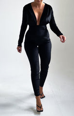 Black Deep Plunge Tie Waist Velvet Jumpsuit - Alina