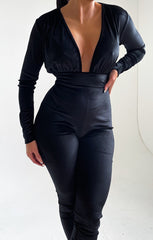 Black Deep Plunge Tie Waist Velvet Jumpsuit - Alina