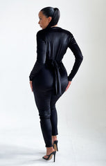 Black Deep Plunge Tie Waist Velvet Jumpsuit - Alina