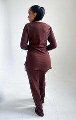 Chocolate Ribbed V Neck Long Sleeve Loungewear Set - Trisha