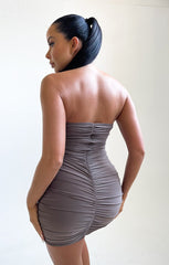 Mocha Slinky Ruched Strapless Bodycon Mini Dress - Amya