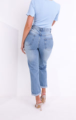 Blue Mid Wash High Waisted Ripped Distressed Turn Up Mom Jeans - Janey