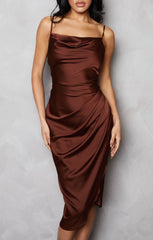 Chocolate Satin Cowl Neck Asymmetric Split Strappy Bodycon Midi Dress - Cailleigh
