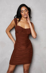 Chocolate Slinky Cup Detail Bodycon Mini Dress - Emily