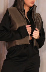 Khaki High Neck Sleeveless Zip Up Cropped Puffer Gilet - Brea