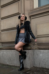 Black Faux Fur Trim PU Biker Jacket - Cody