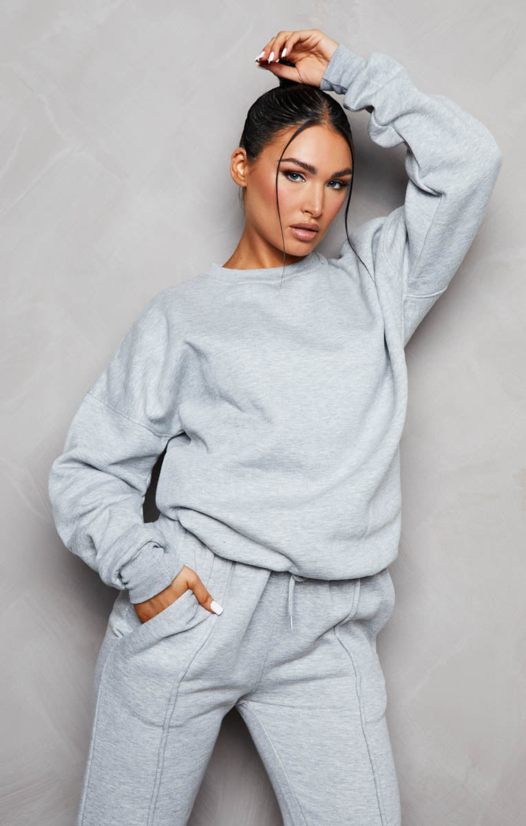 Grey Marl Oversized Sweatshirt & Front Seam Joggers Loungewear Set, Loungewear Sets