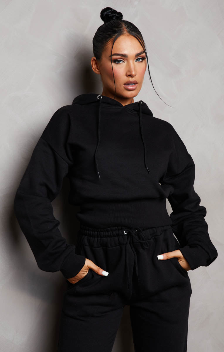 Black Long Sleeve Cropped Fleece Hoodie & Cuffed Joggers Loungewear Set ...