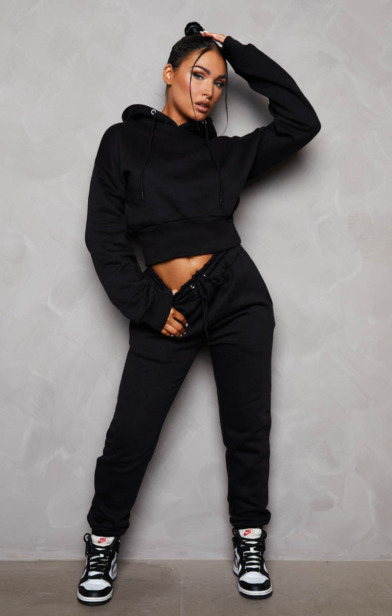 Black Long Sleeve Cropped Fleece Hoodie & Cuffed Joggers Loungewear Set ...
