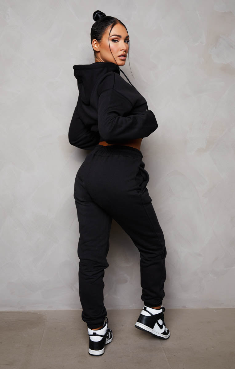 Black Long Sleeve Cropped Fleece Hoodie & Cuffed Joggers Loungewear Set ...