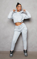 Grey Boxy Cropped Hoodie Cuffed Joggers Loungewear Set - Cailleigh