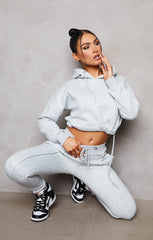 Grey Boxy Cropped Hoodie Cuffed Joggers Loungewear Set - Cailleigh