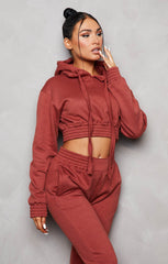 Rust Long Sleeve Crop Hoodie High Waisted Joggers Shirred Detail Fleece Loungewear Set - Costella